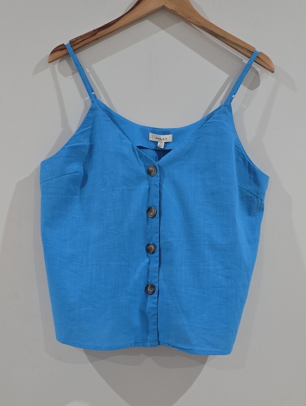 Cute Womens Blue Solid V-Neck Button Front 100% Cotton Tank Spaghetti Straps L